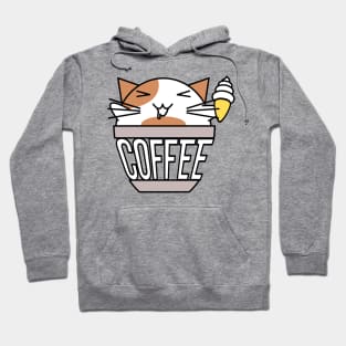 Cat in coffee cup with warped text holding ice cream white and orange Hoodie